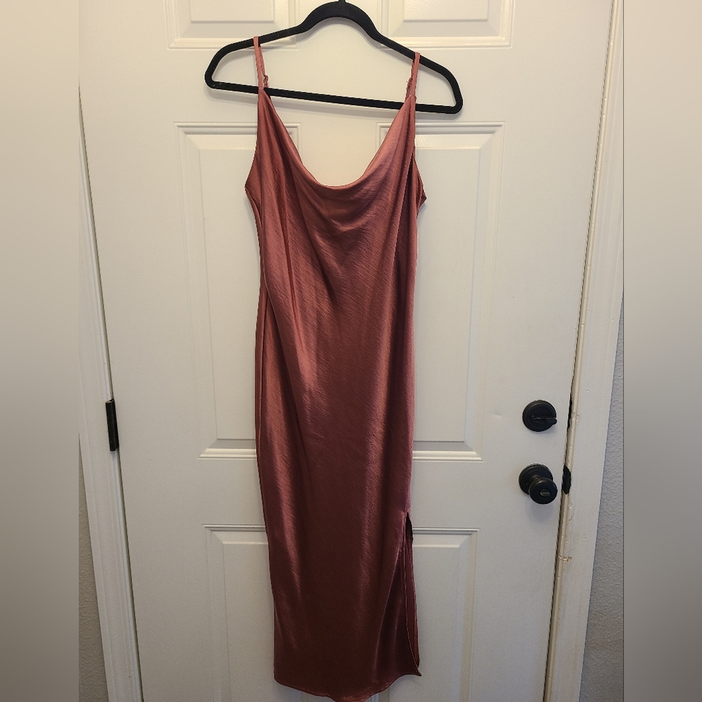 Pink silky dress. Sloutch neckline. Shin length. Size L.